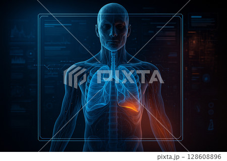 AI generated hyper detailed human chest scan with glowing lungs ribs and digital HUD interface showing futuristic medical diagnostics on dark background AI generated hyper detailed human chest scan with glowing lungs ribs and digital HUD interface showing futuristic medical diagnostics on dark background 128608896