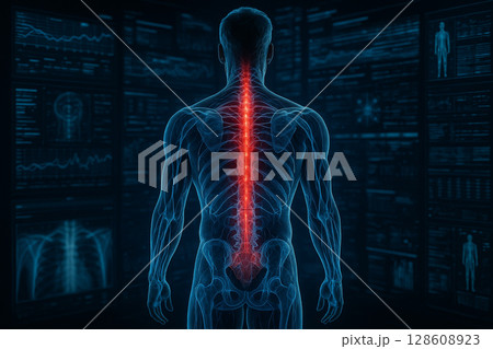 AI generated high detail rear view of male body with glowing spine nerves and blood vessels in sci fi medical interface background 128608923