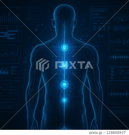 AI generated futuristic scan of human male back anatomy showing glowing blue neural pathway with digital HUD interface in a sci fi medical setting AI generated futuristic scan of human male back anatomy showing glowing blue neural pathway with digital HUD interface in a sci fi medical setting 128608937
