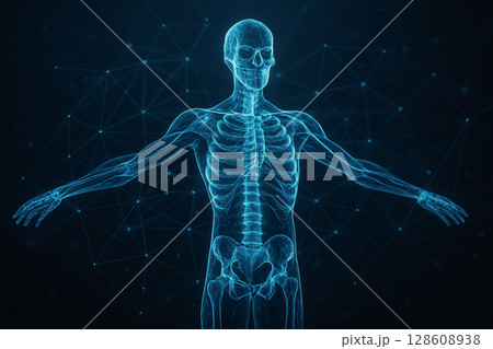 AI generated ultra detailed digital rendering of human anatomy showing glowing skeletal structure and abstract neural networks in sci fi medical interface AI generated ultra detailed digital rendering of human anatomy showing glowing skeletal structure and abstract neural networks in sci fi medical interface 128608938