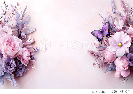 Elegant Floral Arrangement with Butterflies on Soft Pink Background for Spring Decor Elegant Floral Arrangement with Butterflies on Soft Pink Background for Spring Decor 128609104