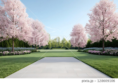 Serene Landscape with Cherry Blossom Trees and Green Lawn Under Clear Blue Sky 128609106