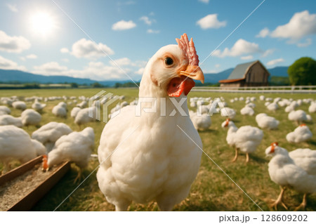 AI generated image of a broiler chicken standing proud in a sunny pasture with a flock in the background. The vibrant landscape includes a barn, white fence, and clear sky, evoking a sense of calm AI generated image of a broiler chicken standing proud in a sunny pasture with a flock in the background. The vibrant landscape includes a barn, white fence, and clear sky, evoking a sense of calm 128609202