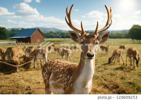 AI generated image of a fallow deer standing in focus, surrounded by a grazing herd. The serene landscape features a rustic barn, vast fields a bright blue sky, evoking calm and nature's tranquility. AI generated image of a fallow deer standing in focus, surrounded by a grazing herd. The serene landscape features a rustic barn, vast fields a bright blue sky, evoking calm and nature's tranquility. 128609253