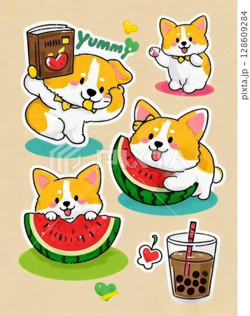 コーギーとスイカ・タピオカドリンクのかわいいイラスト（AI生成） 128609284