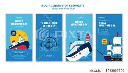 Flat Style Hand Drawn Illustration for World Maritime Day Social Media Stories Templates 128609301