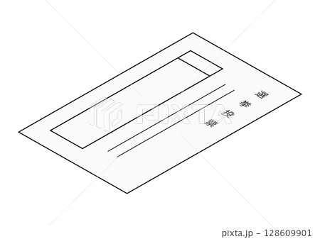 選挙で使われる投票用紙を描いた白黒線画のアイソメトリックイラストアイコン 128609901