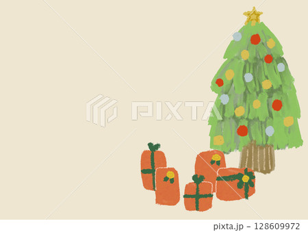 オフホワイト背景のクリスマスカード（ツリーとプレゼント） 128609972