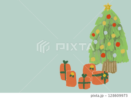 青背景のクリスマスカード（ツリーとプレゼント） 128609973