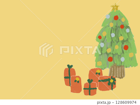 黄色背景のクリスマスカード（ツリーとプレゼント） 128609974