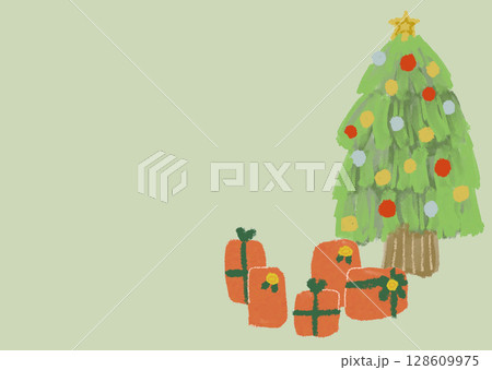 緑背景のクリスマスカード（ツリーとプレゼント） 128609975