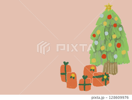 ピンク背景のクリスマスカード（ツリーとプレゼント） 128609976