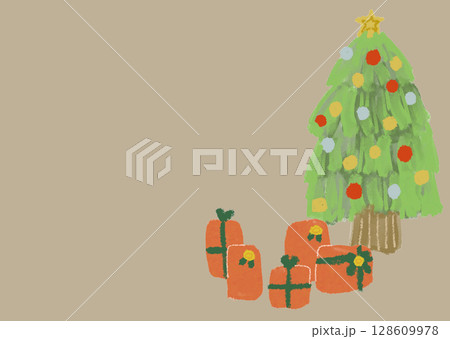 茶色背景のクリスマスカード（ツリーとプレゼント） 128609978