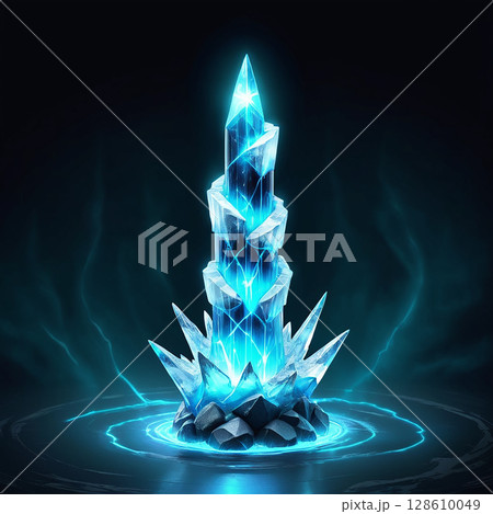 Glowing ice crystal tower emanating bright blue light, surrounded by mystical energy in a dark atmospheric setting, creating an enchanting fantasy landscape. 128610049