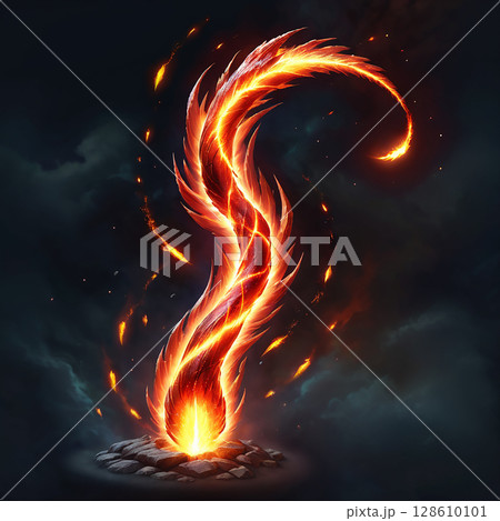Flames rising from a dark surface creating an ethereal glow with fiery swirls and sparks illuminating the surrounding shadows and evoking a sense of mystical energy and enchantment. 128610101