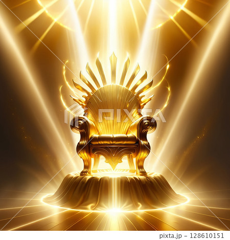 Golden throne illuminated by radiant beams of light, ornate design with impressive details, grand and majestic, symbolizing power and royalty in a fantastical setting. 128610151