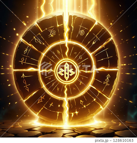 Mystical glowing symbol engraved on a circular stone with ancient runes and markings surrounded by a radiant light effect casting an enchanting atmosphere. Mystical glowing symbol engraved on a circular stone with ancient runes and markings surrounded by a radiant light effect casting an enchanting atmosphere. 128610163