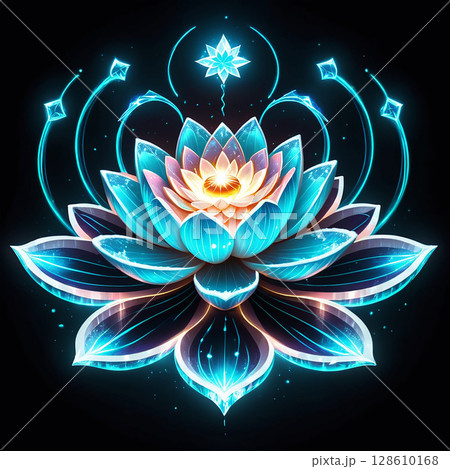 Radiant blue lotus flower blooming with vibrant colors against a dark background, surrounded by glowing accents and intricate patterns, symbolizing beauty and tranquility. 128610168