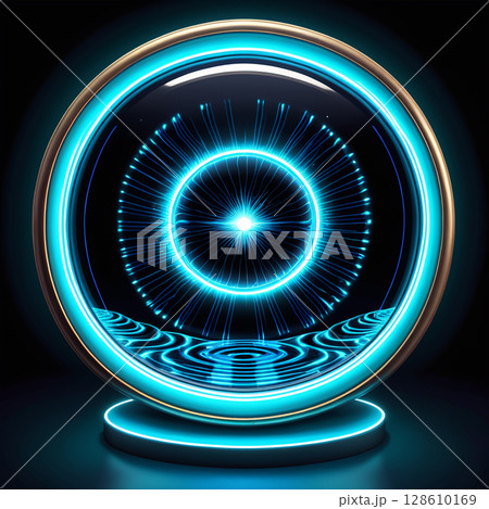 Glowing blue energy orb with intricate circular patterns and radiating light effects, set against a dark background, creating a futuristic and mystical atmosphere. 128610169