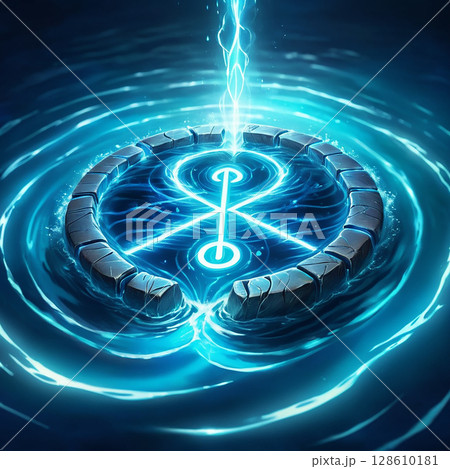 Glowing circular symbol immersed in water with bright blue light radiating outward and electric energy pulsating from the center, creating a mystical and enchanting atmosphere. 128610181