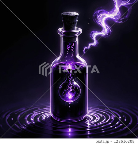 Mysterious purple potion bottle with swirling mist emanating against a dark background creating an enchanting and magical atmosphere with reflective ripples in the foreground. 128610209