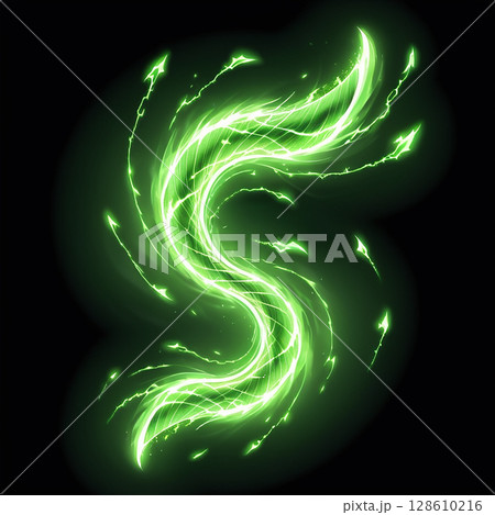 Glowing green swirling energy forming a dynamic abstract shape with a dark background and intricate light trails radiating outward in a mesmerizing manner. 128610216