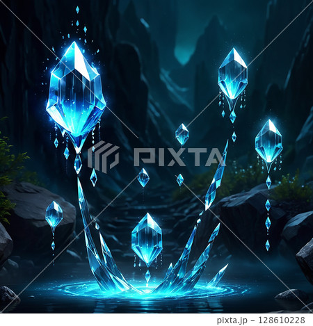 Glowing blue crystals emerging from a mystical water source surrounded by dark rocks in an enchanted forest setting illuminated by ethereal light. 128610228