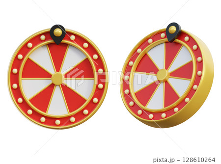 Cartoon Style Casino Game Prize Wheel with Red and White Segments 3D graphic 128610264