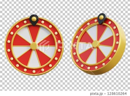 Cartoon Style Casino Game Prize Wheel with Red and White Segments 3D graphic 128610264