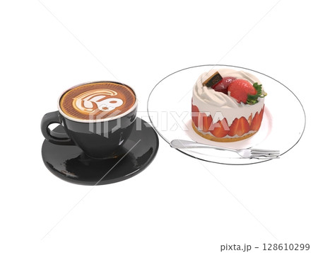 カフェや喫茶店で見かける小さなイチゴのショートケーキとラテアート カフェや喫茶店で見かける小さなイチゴのショートケーキとラテアート 128610299