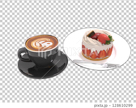 Small strawberry shortcakes and latte art that you see in cafes and coffee shops 128610299
