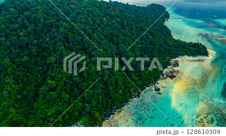 Aerial view of The coastline around the island is full of coral reefs. 128610309