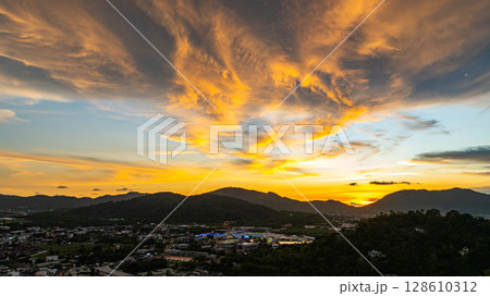Aerial view of Sunset Over Mountain Town 128610312