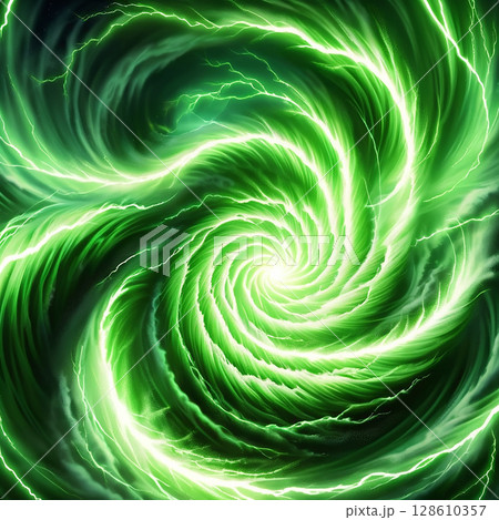 Vibrant green swirling vortex with lightning-like energy emanating from the center creating a mesmerizing, dynamic visual effect resembling a cosmic phenomenon or energy field. 128610357