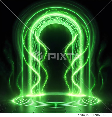 Ethereal green portal glowing in dark space with swirling energy currents and light effects creating a mystical atmosphere and sense of otherworldliness. 128610358