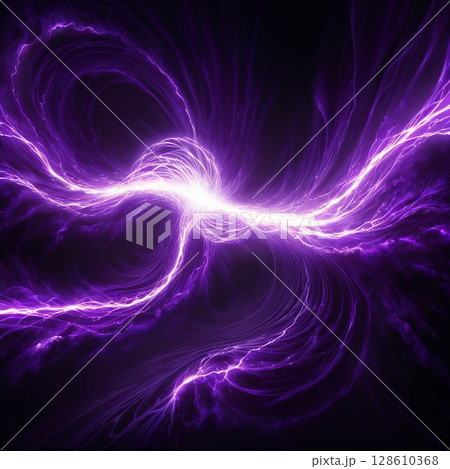 Electric energy swirling in vibrant purple and white patterns radiating from a central point against a dark background creating an abstract representation of dynamic motion. 128610368