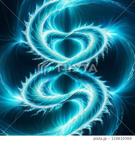 Luminous blue abstract form resembling an infinity symbol illuminated in a cosmic style with swirling patterns and bright accents creating a dynamic visual appeal. 128610369