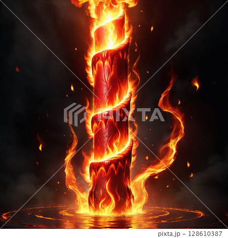 Burning pillar of flame wrapped with red energy, glowing brightly in a dark surrounding, radiating intense heat and vibrant colors, creating a mesmerizing visual effect and a sense of power. 128610387