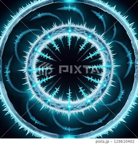 Crisp blue fractal design with intricate patterns creating a circular shape radiating energy and depth against a dark background full of vibrant visual textures. 128610402