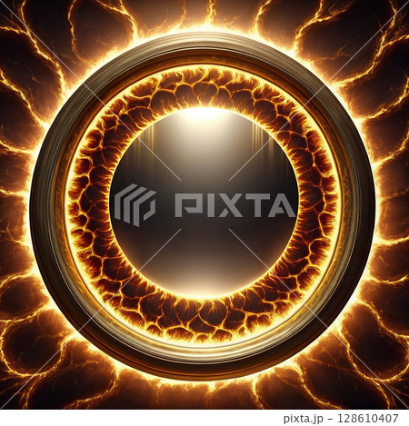 Bright circular mirror framed with fiery patterns glowing in warm hues surrounded by a shadowy ambiance that creates a mystical atmosphere attracting viewer attention. Bright circular mirror framed with fiery patterns glowing in warm hues surrounded by a shadowy ambiance that creates a mystical atmosphere attracting viewer attention. 128610407