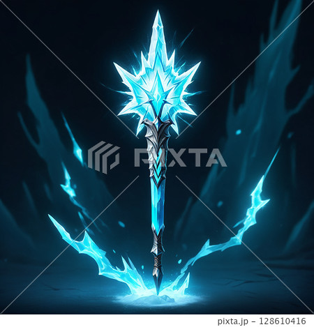 Glowing ice spear with sharp edges and mystical aura surrounded by blue magical elements emerging from dark background. 128610416