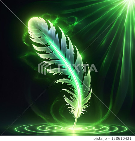 Glowing feather floating above rippling water surface surrounded by ethereal green light creating a magical and serene atmosphere with soft reflections and vibrant colors. 128610421