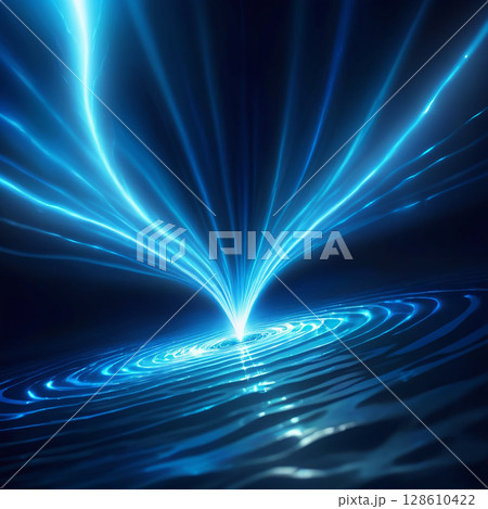 Radiant blue light emanating from a central point creating ripples in a dark, calm water surface, conveying a sense of depth, motion, and tranquility in a surreal environment. 128610422