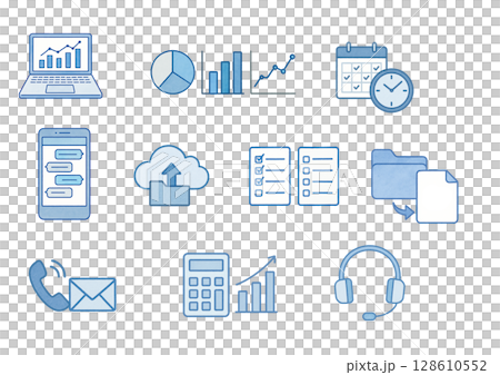 Watercolor icon set for business (graph, calendar, contact, document, headset) Watercolor icon set for business (graph, calendar, contact, document, headset) 128610552