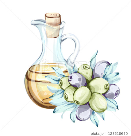 Delightful olive oil and fresh olives captured in a vibrant watercolor illustration inspired by Italian cuisine 128610650