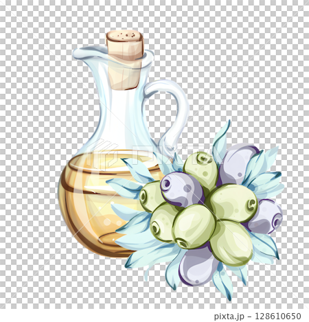 Delightful olive oil and fresh olives captured in a vibrant watercolor illustration inspired by Italian cuisine Delightful olive oil and fresh olives captured in a vibrant watercolor illustration inspired by Italian cuisine 128610650