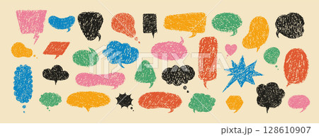 Crayon Speech Bubble set. Various colorful text boxes with charcoal texture. Kids doodle drawing. Vector chat frames in trendy Y2K Style 128610907