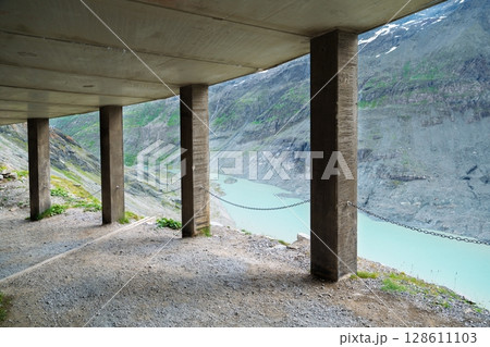 Scenic Overlook at Zell am See-Kaprun, Austria Concrete Columns Framing Mountain Lake View. Scenic Overlook at Zell am See-Kaprun, Austria Concrete Columns Framing Mountain Lake View. 128611103