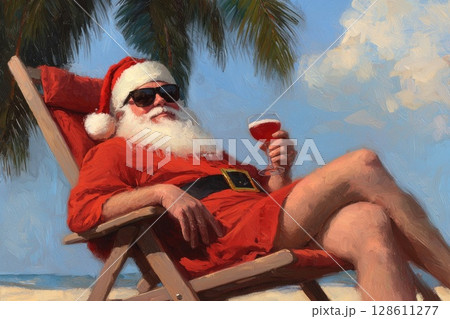 A painting of Santa sitting in a chair on a beach with a glass of wine A painting of Santa sitting in a chair on a beach with a glass of wine 128611277
