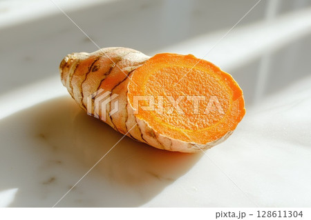 Freshly Sliced Golden Turmeric Root on Surface 128611304
